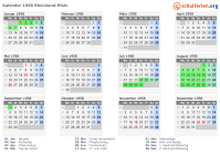Kalender 1958 mit Ferien und Feiertagen Rheinland-Pfalz