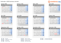 Kalender 1958 mit Ferien und Feiertagen Sachsen-Anhalt