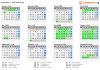 Kalender 1958 mit Ferien und Feiertagen Salzburg