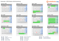 Kalender 1959 mit Ferien und Feiertagen Baden-Württemberg