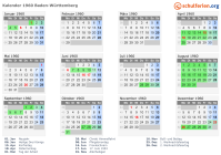 Kalender 1960 mit Ferien und Feiertagen Baden-Württemberg