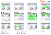 Kalender 1960 mit Ferien und Feiertagen Niedersachsen