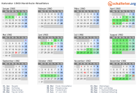 Kalender 1960 mit Ferien und Feiertagen Nordrhein-Westfalen