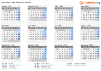 Kalender 1960 mit Ferien und Feiertagen Sachsen-Anhalt
