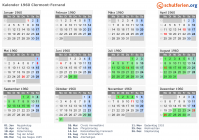 Kalender 1960 mit Ferien und Feiertagen Clermont-Ferrand