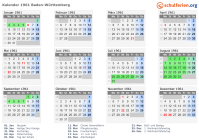 Kalender 1961 mit Ferien und Feiertagen Baden-Württemberg