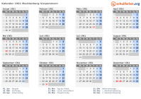 Kalender 1961 mit Ferien und Feiertagen Mecklenburg-Vorpommern