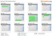 Kalender 1961 mit Ferien und Feiertagen Niedersachsen