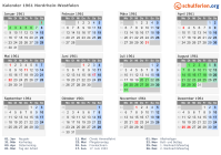 Kalender 1961 mit Ferien und Feiertagen Nordrhein-Westfalen