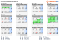 Kalender 1961 mit Ferien und Feiertagen Rheinland-Pfalz