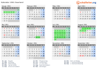 Kalender 1961 mit Ferien und Feiertagen Saarland