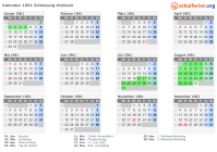 Kalender 1961 mit Ferien und Feiertagen Schleswig-Holstein
