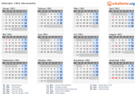 Kalender 1961 mit Ferien und Feiertagen Normandie