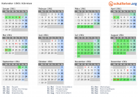 Kalender 1961 mit Ferien und Feiertagen Kärnten