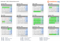 Kalender 1961 mit Ferien und Feiertagen Niederösterreich