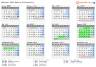 Kalender 1962 mit Ferien und Feiertagen Baden-Württemberg