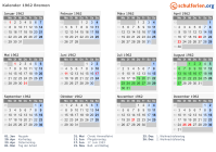 Kalender 1962 mit Ferien und Feiertagen Bremen