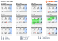 Kalender 1962 mit Ferien und Feiertagen Hessen