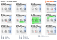 Kalender 1962 mit Ferien und Feiertagen Niedersachsen