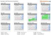 Kalender 1962 mit Ferien und Feiertagen Nordrhein-Westfalen