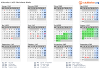 Kalender 1962 mit Ferien und Feiertagen Rheinland-Pfalz