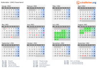 Kalender 1962 mit Ferien und Feiertagen Saarland