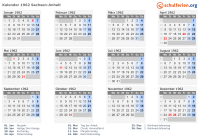 Kalender 1962 mit Ferien und Feiertagen Sachsen-Anhalt