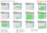 Kalender 1962 mit Ferien und Feiertagen Clermont-Ferrand