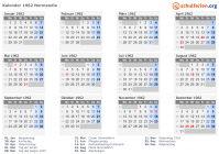 Kalender 1962 mit Ferien und Feiertagen Normandie