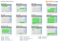 Kalender 1962 mit Ferien und Feiertagen Poitiers