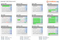 Kalender 1962 mit Ferien und Feiertagen Steiermark