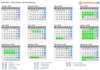 Kalender 1963 mit Ferien und Feiertagen Baden-Württemberg