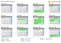 Kalender 1963 mit Ferien und Feiertagen Hamburg