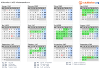 Kalender 1963 mit Ferien und Feiertagen Niedersachsen