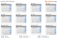 Kalender 1963 mit Ferien und Feiertagen Thüringen