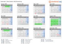 Kalender 1964 mit Ferien und Feiertagen Baden-Württemberg