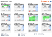 Kalender 1964 mit Ferien und Feiertagen Hessen