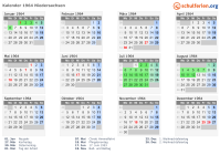 Kalender 1964 mit Ferien und Feiertagen Niedersachsen