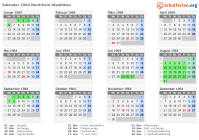 Kalender 1964 mit Ferien und Feiertagen Nordrhein-Westfalen