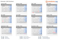 Kalender 1964 mit Ferien und Feiertagen Sachsen