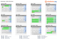 Kalender 1964 mit Ferien und Feiertagen Kärnten
