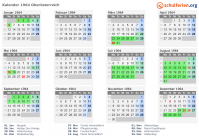 Kalender 1964 mit Ferien und Feiertagen Oberösterreich