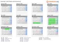 Kalender 1965 mit Ferien und Feiertagen Baden-Württemberg