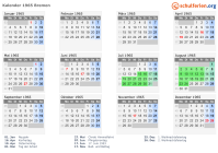 Kalender 1965 mit Ferien und Feiertagen Bremen