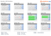 Kalender 1965 mit Ferien und Feiertagen Hamburg