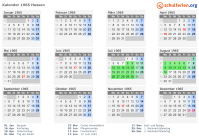 Kalender 1965 mit Ferien und Feiertagen Hessen