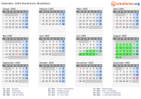 Kalender 1965 mit Ferien und Feiertagen Nordrhein-Westfalen