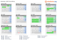 Kalender 1965 mit Ferien und Feiertagen Vorarlberg
