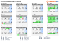 Kalender 1966 mit Ferien und Feiertagen Baden-Württemberg