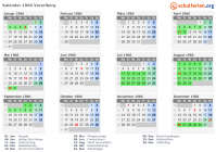 Kalender 1966 mit Ferien und Feiertagen Vorarlberg